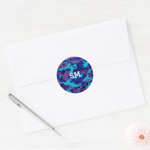 Monogram Camouflage Dark Blue & Purple Classic Round Sticker