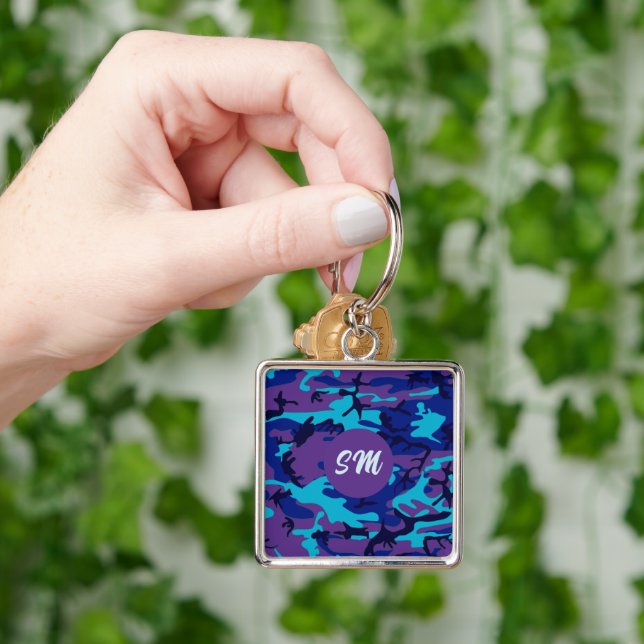 Monogram Camouflage Dark Blue & Purple Pattern Keychain (Hand)