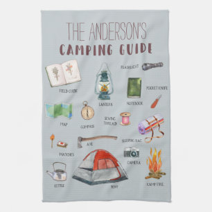 Monogram Camping Guide Watercolor Illustrations Kitchen Towel