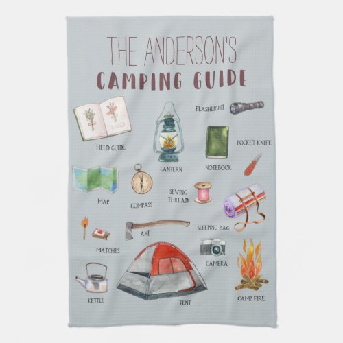 Monogram Camping Guide  Watercolor Illustrations  Kitchen Towel