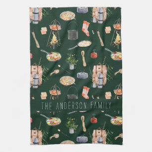 Monogram Camping   Watercolor Illustrations Kitchen Towel