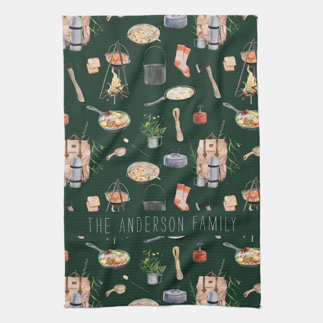 Monogram Camping | Watercolor Illustrations Kitchen Towel (Vertical)