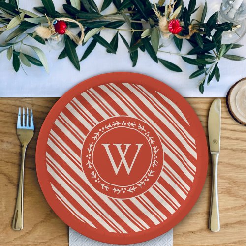 Monogram Candy Cane Stripe Paper Plates