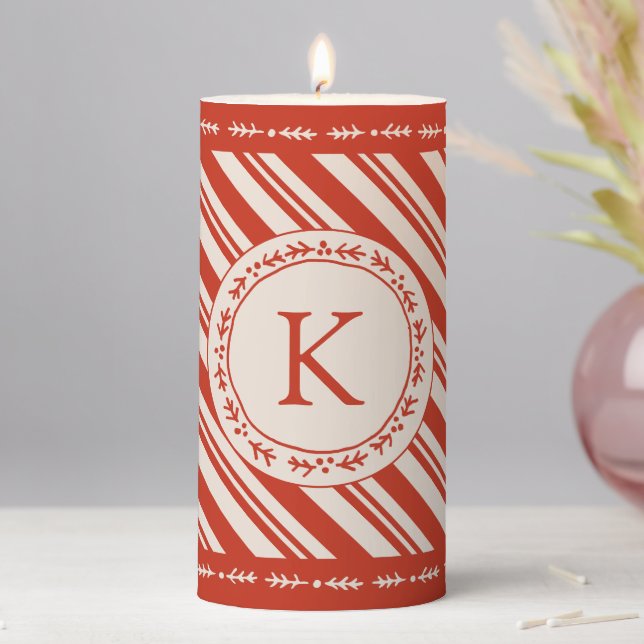 Monogram Candy Cane Stripe Pillar Candle (In Situ)