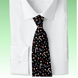 Monogram, Candy Canes Gold Stars Hearts Black Neck Tie