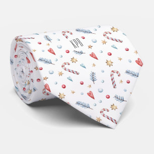 Monogram, Candy Canes Gold Stars Hearts White Neck Tie