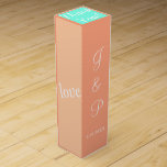 Monogram Cantaloupe Fruit Colors Wedding Wine Box<br><div class="desc">Pretty fun wedding reception favors with Love written in white script on left and right sides. Fresh summertime fruit inspired colors in cantaloupe, peach, honeydew. Personalize Bride and Grooms Monogrammed Initials and Wedding Date in white text on front. Thank You is written in white script against turquoise blue on top....</div>