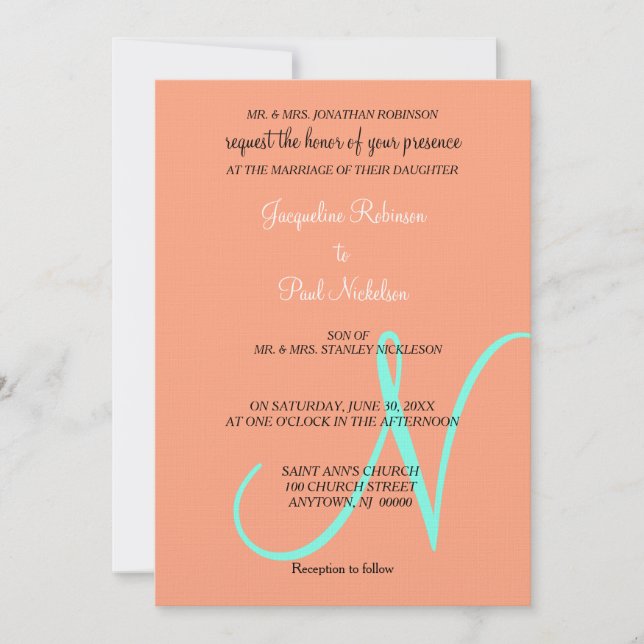 Monogram Cantaloupe Turquoise Invitation (Front)