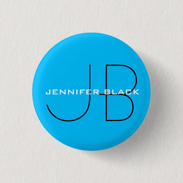 Monogram Capri Blue Minimalist Modern Name Button (Front)