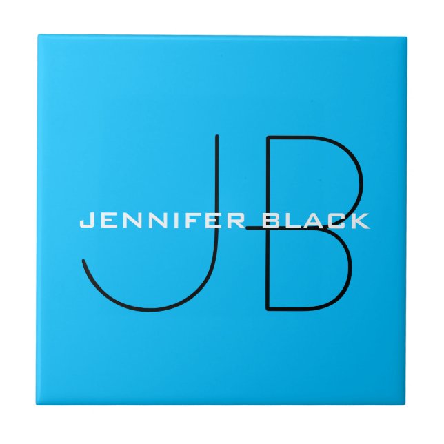 Monogram Capri Blue Minimalist Modern Name Ceramic Tile (Front)