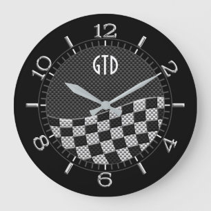 Monogram Carbon Style Checkered Racing Flag Wave Large Clock