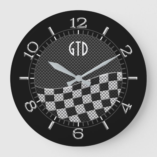 Monogram Carbon Style Checkered Racing Flag Wave Large Clock (Front)