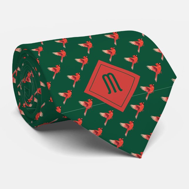 Monogram Cardinal Bird Pattern on Green Neck Tie (Rolled)