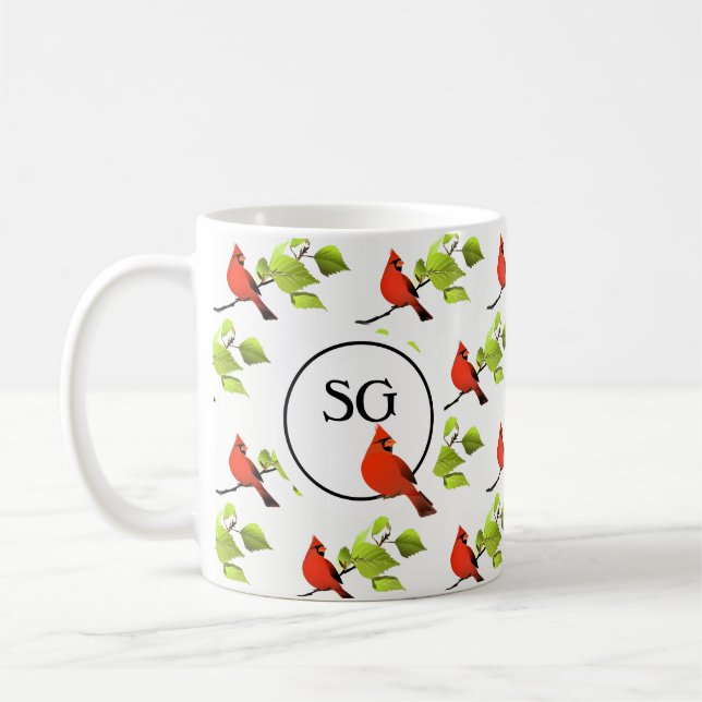 Monogram Cardinal Songbird on Tree Branch  Coffee Mug (Left)