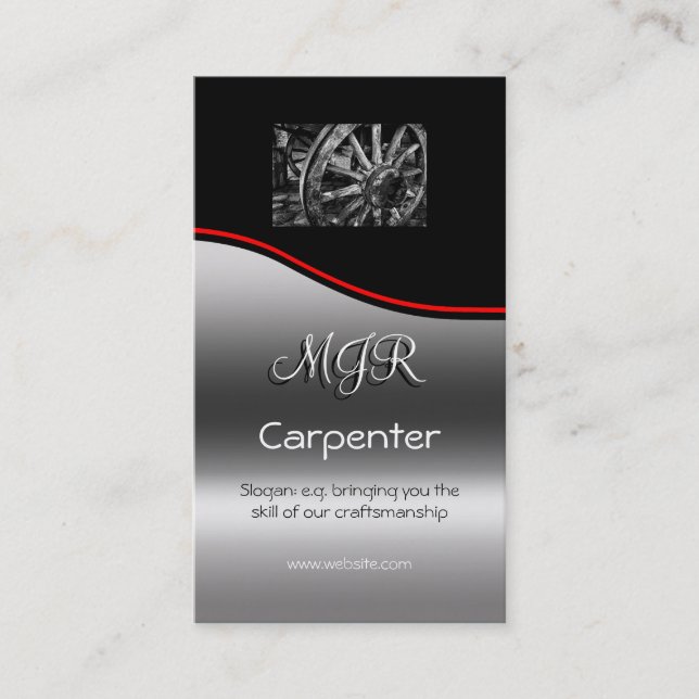 Monogram, Carpenter Business, red swoosh Business Card (Front)
