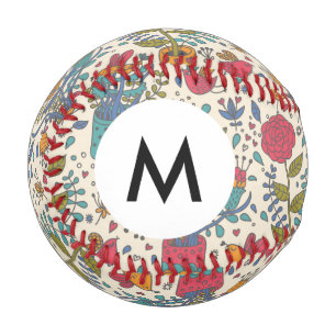Monogram Cartoon floral pattern with birds 2 Baseball