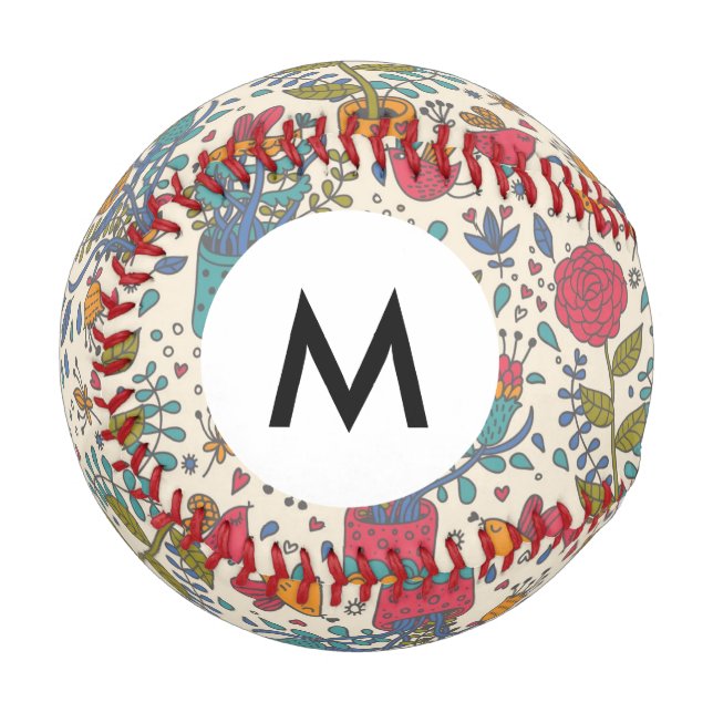 Monogram Cartoon floral pattern with birds 2 Baseball (Front Left)