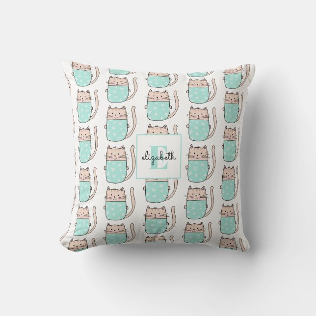 Monogram Cat Pattern Named Baby Throw Pillow (Front)
