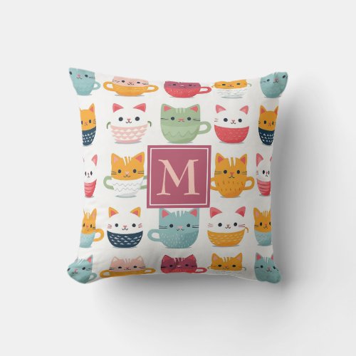 Monogram Cats Cups Mugs Cute Colorful Pattern Throw Pillow