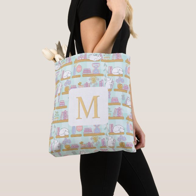 Monogram Cats Library Tote Bag Girly Mint Green (Close Up)