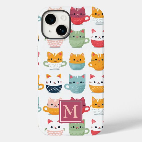Monogram Cats Tea Coffee Cups Pastel Color Pattern Case_Mate iPhone 14 Case