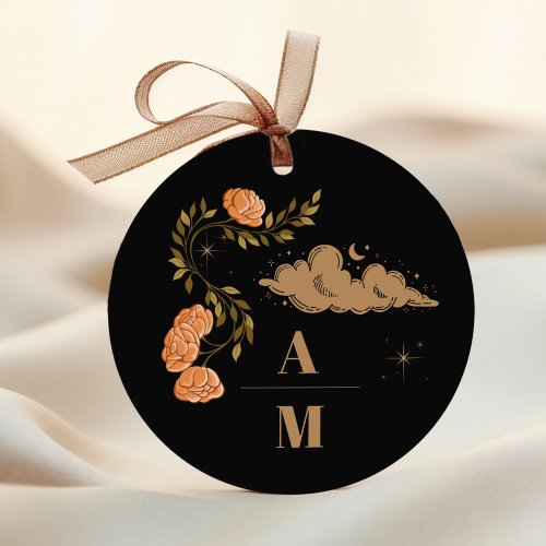 Monogram Celestial Midnight Black Stars Wedding Classic Round Sticker