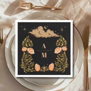Monogram Celestial Midnight Black Stars Wedding Napkins
