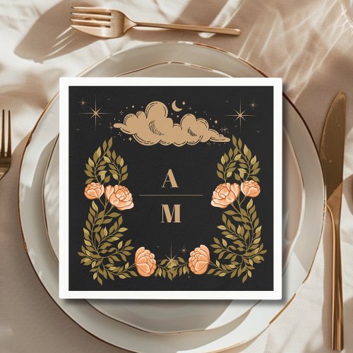 Monogram Celestial Midnight Black Stars Wedding Napkins