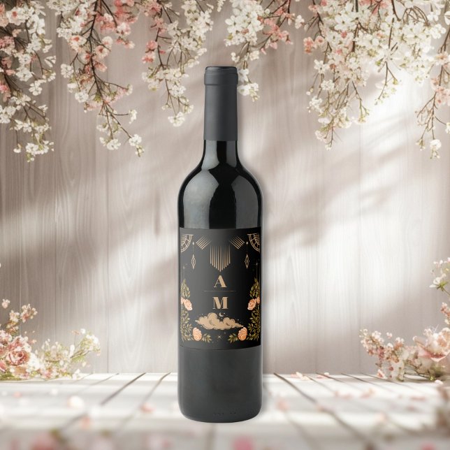 Monogram Celestial Midnight Black Stars Wedding Wine Label (Creator Uploaded)