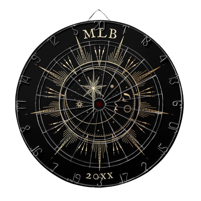 Monogram Celestial Sun Moon Gold Black Year Dart Board (Front)