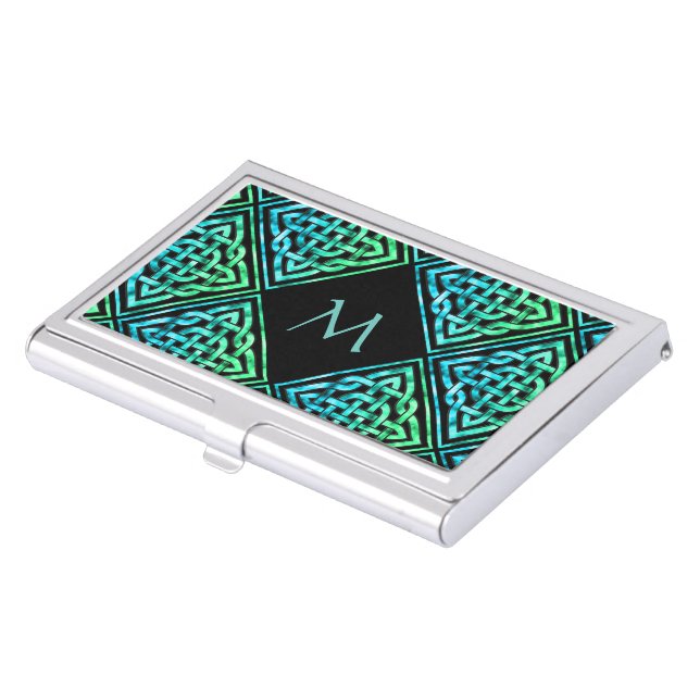 Monogram Celtic Blue Green Business Card Holder (Front)