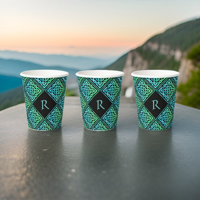 Monogram Celtic Blue Green Paper Cups (🍀 Personalized Celtic charm: Monogrammed paper cup #IrishElegance 🍀)