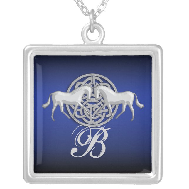Monogram celtic horse roman granite white blue silver plated necklace (Front)