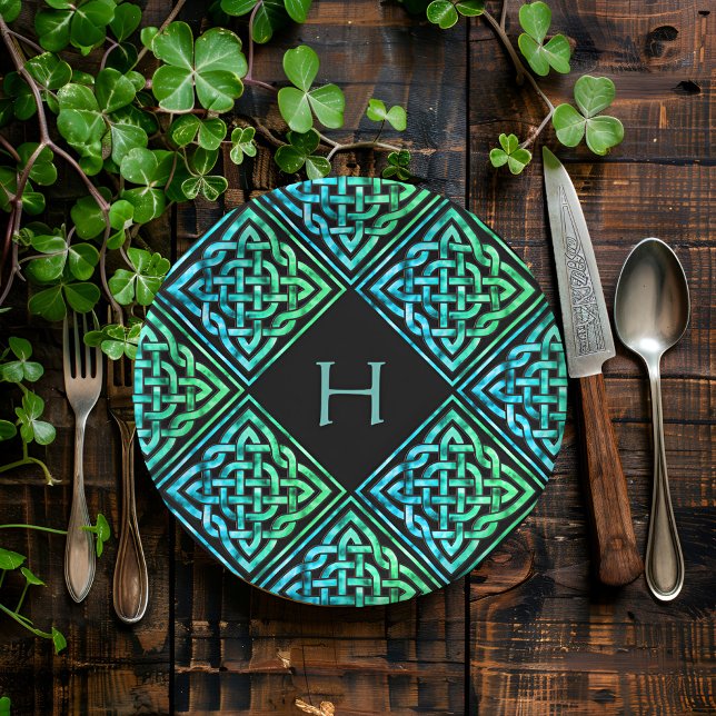 Monogram Celtic Knot Blue Green Paper Plates (Add flair to your meal with a personalized Celtic touch! 🍽️✨ #PersonalizedElegance #CelticCharm)