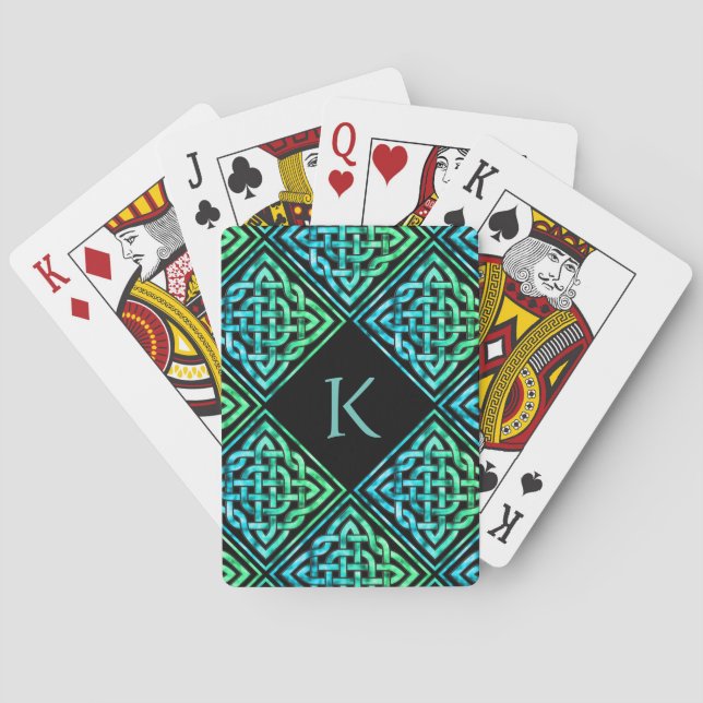 Monogram Celtic Knot Blue Green Playing Cards (Back)