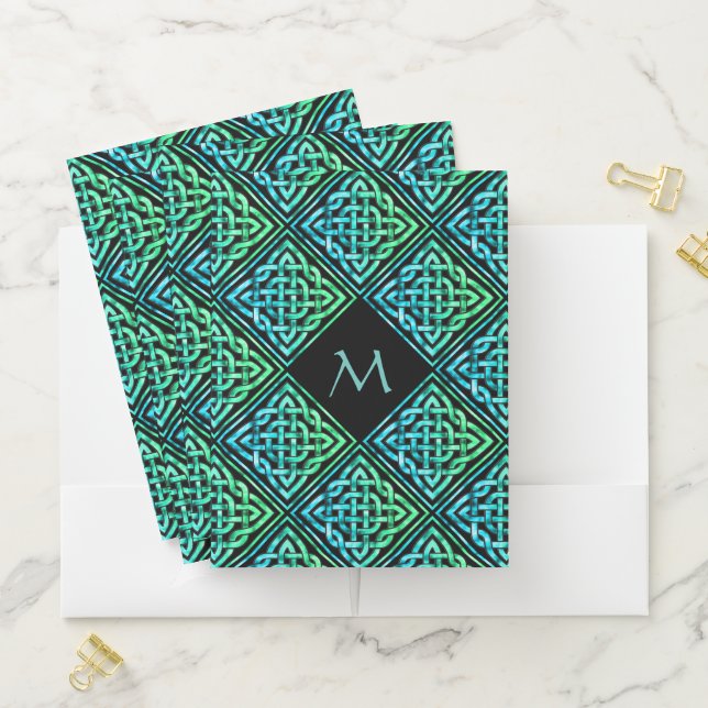 Monogram Celtic Knot Blue Green Pocket Folder (In Situ)