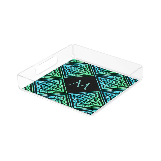 Monogram Celtic Knot Blue Green Serving Tray (Angled)