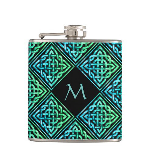 Monogram Celtic Knot Diamond Blue Green Hip Flask