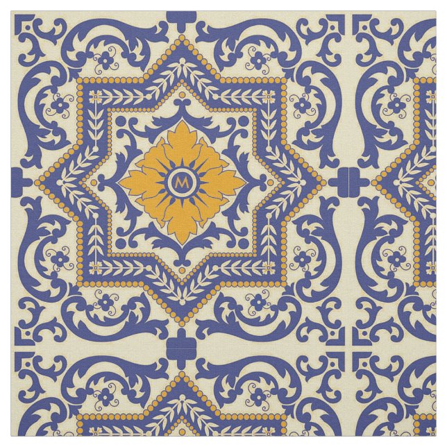 Monogram Ceramic Azulejo Style Blue Orange Fabric (Swatch)