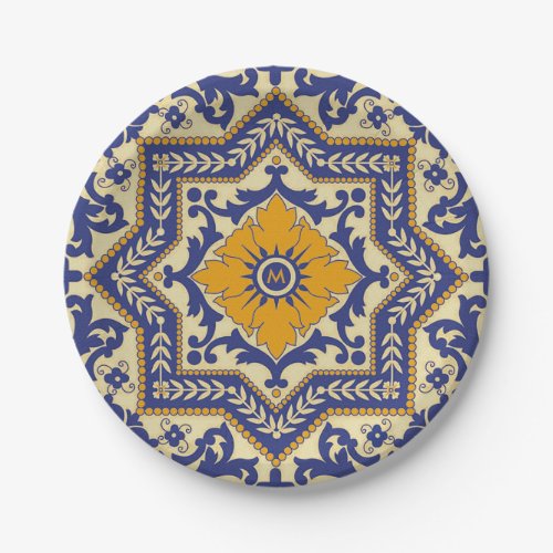 Monogram Ceramic Azulejo Style Blue Paper Plate