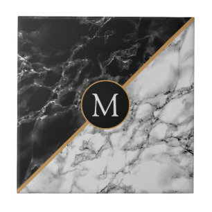 Monogram Ceramic Tile with Faux Black White Marble