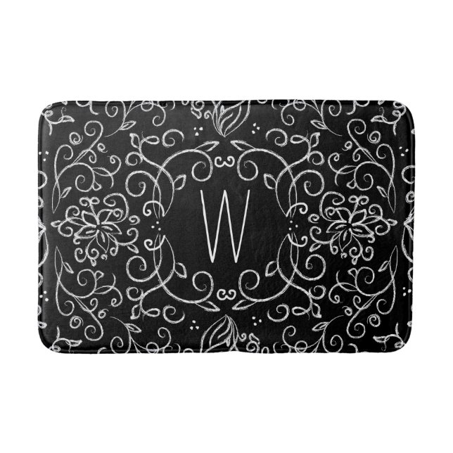 Monogram Chalk Black and White Filigree Bathroom Mat (Front)