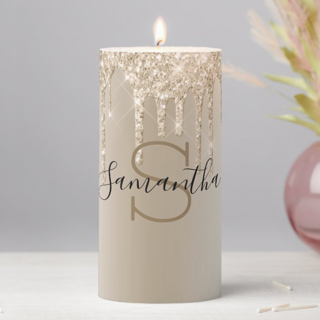 Monogram Champagne Glitter Drip Gold Trendy  Pillar Candle (In Situ)