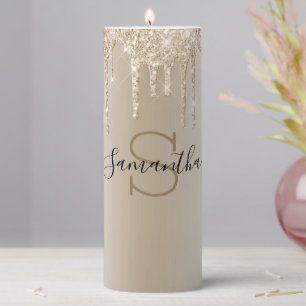 Monogram Champagne Glitter Drip Gold Trendy Pillar Candle