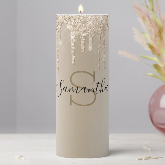 Monogram Champagne Glitter Drip Gold Trendy  Pillar Candle (In Situ)