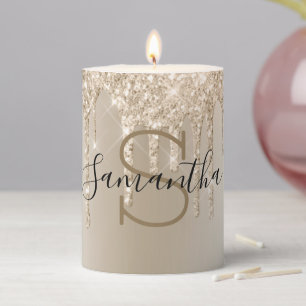Monogram Champagne Glitter Drip Gold Trendy Pillar Candle