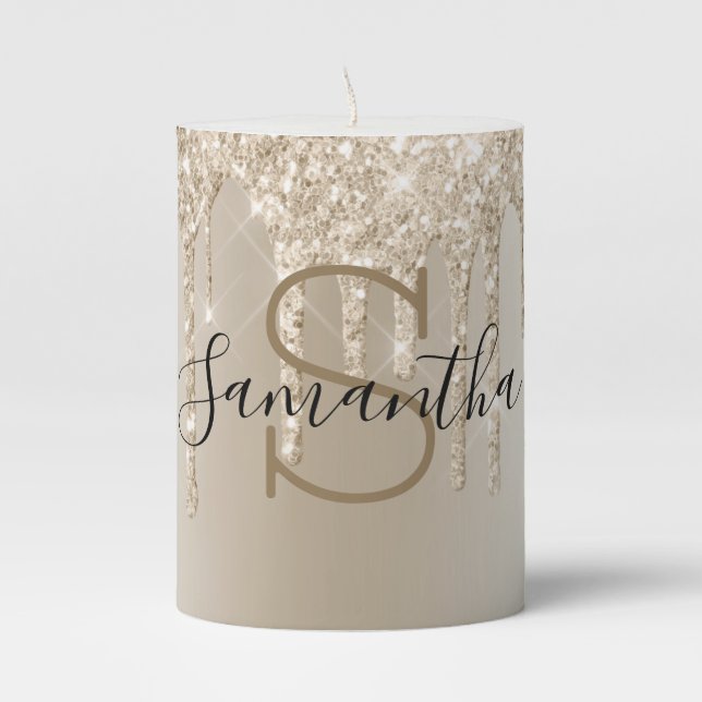 Monogram Champagne Glitter Drip Gold Trendy  Pillar Candle (Front)