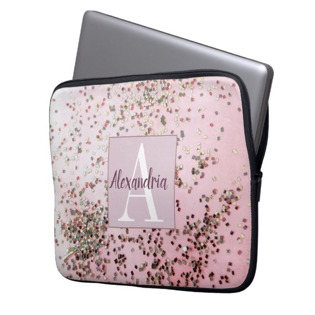 Monogram Champagne Pink Confetti          Laptop Sleeve (Front Left)