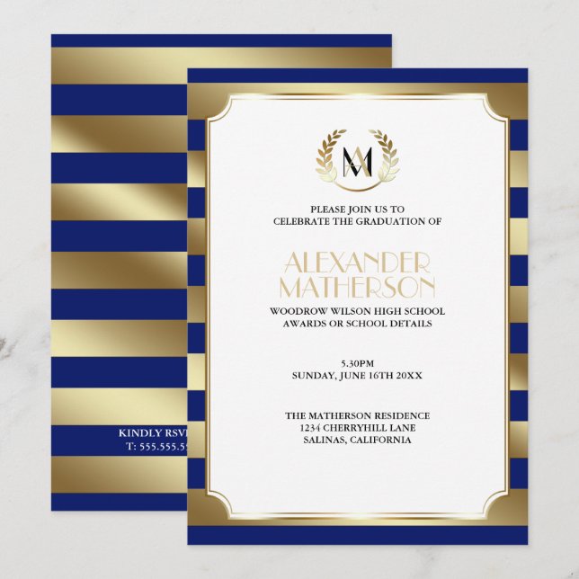 Monogram CHANGE COLOR & Gold Stripes Graduation Invitation (Front/Back)