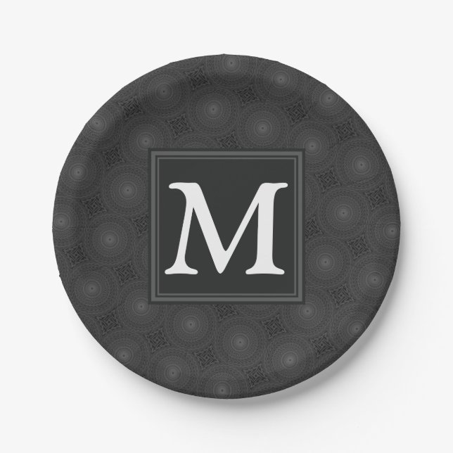 Monogram charcoal circles pattern paper plates (Front)